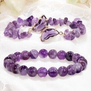 2 pcs Set Amethyst Bead & Butterfly Charm Stretch String Bracelet